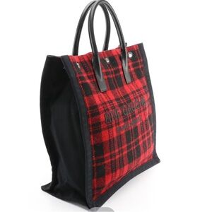 Saint Laurent Noe Red and Black Plaid Tote Bag. Rare. Large